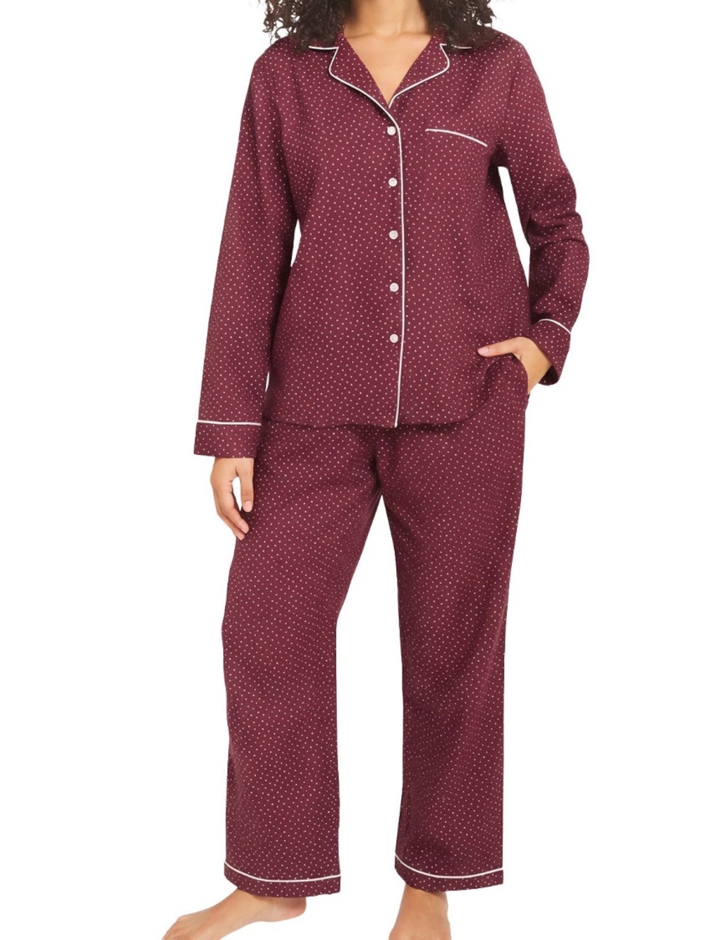 Lands End Women’s Burgundy Dot Pajama Set with Contrast Piping